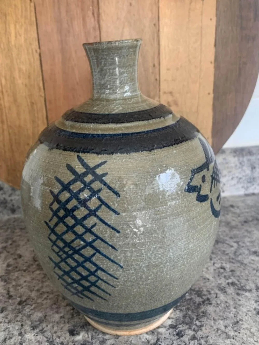 Vintage Salt Glazed Stoneware Vase Unmarked Blue Bird Accents